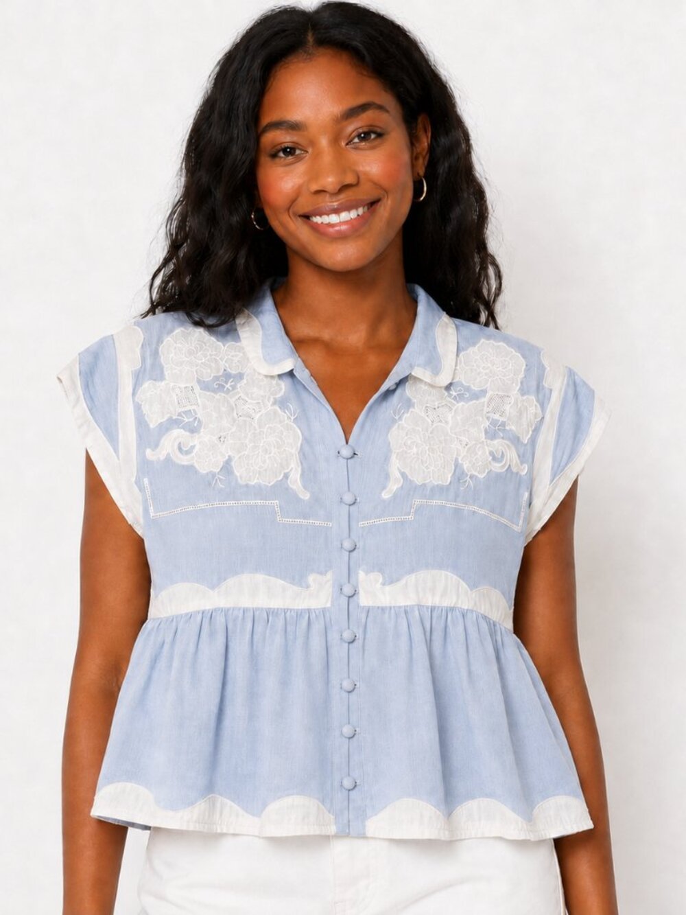 Anthropologie Blue White Embroidered Western Peplum Blouse Short Sleeve Sz XXS
